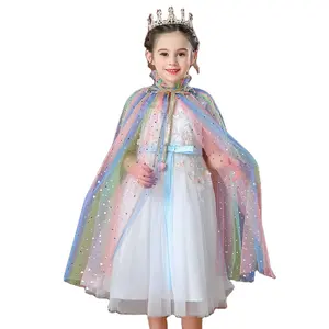 Модная накидка с блестками для маленьких девочек, радужная расцветка, сетчатая накидка Анны, Эльзы, принцессы, модные наряды для вечеринки, костюм для косплея, детская одежда