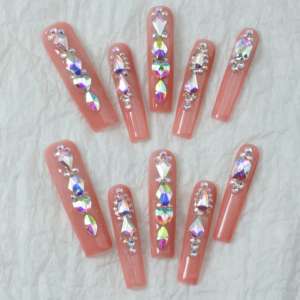 Wholesale high-end handmade acrylic <b>nail</b> art, square full-coverage false <b>nails</b>, solid pink color,rhinestone design,customizable - Product Image 3