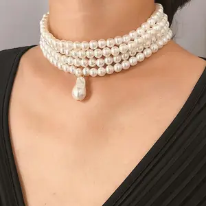 Neueste Mode Punk klobige dicke mehr schicht ige Imitation Pearl Beaded Choker Halskette