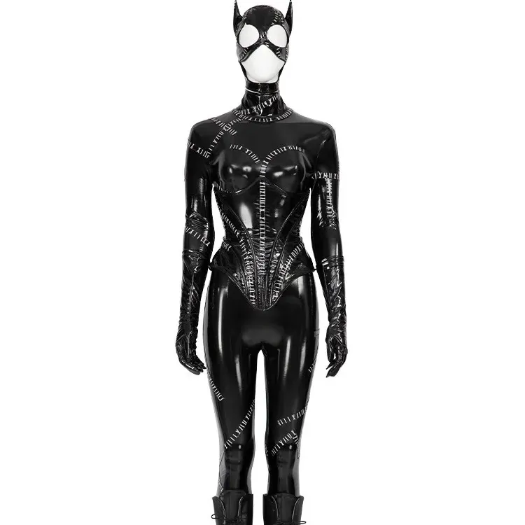 2024 PLUSขนาดเซ็กซี่หนังFaux Catsuit Catgirl PVC Latexบอดี้สูทด้านหน้าเปิดเป้าExotic Jumpsuitsเครื่องแต่งกายเครื่องราง