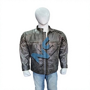 <b>Men's</b> Genuine <b>Leather</b> Motorcycle <b>Jacket</b> Stand Collar Solid Zipper Closure Waterproof Windproof Moto Biker Style Winter Wear - Product Image 1