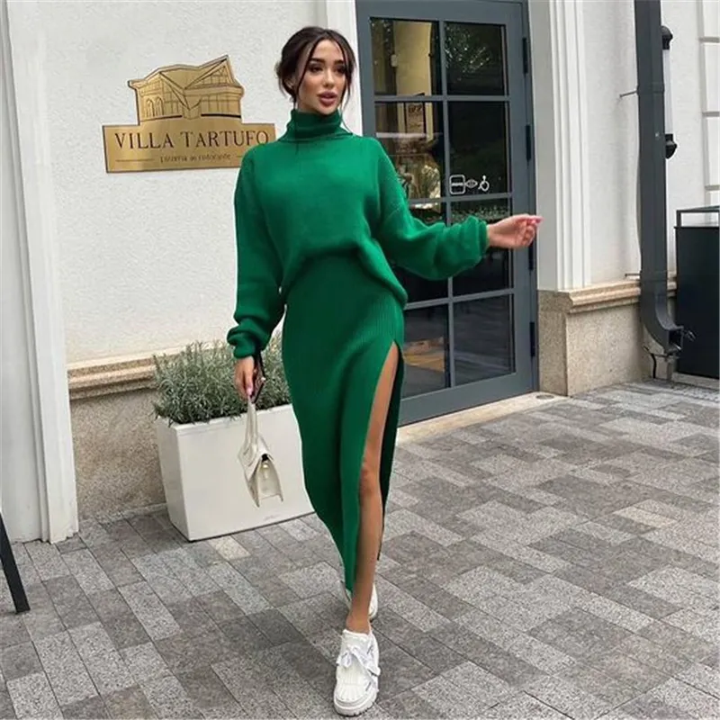 Winter new style ladies high neck loose pullover blouse knitted split sexy black long skirt sweater dress two piece suit
