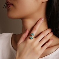 Bague réglable bohème vintage avec double pierre turquoise plaquée or 18 carats pour mariages