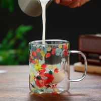 Mug à café en verre 8,5 oz, cylindre droit à double paroi, motif floral - Tasse isolante en borosilicate de haute qualité pour latte, café, restaurant