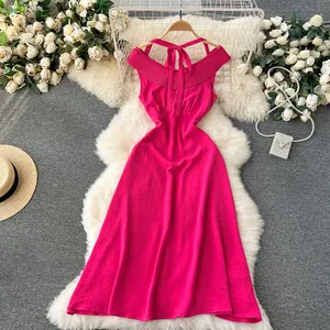 2024 Spring Vacation Halter Pleated Midi Dress For Women Empire Ruffled Lace Dress
