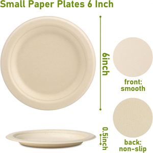 Platos Desechables de Papel de Caña de Azúcar de 6 Pulgadas, Alta Calidad, Biodegradables, Resistentes al Agua y a la Grasa, Comerciales, para Restaurante, Sushi, Dulces - Product Image 2