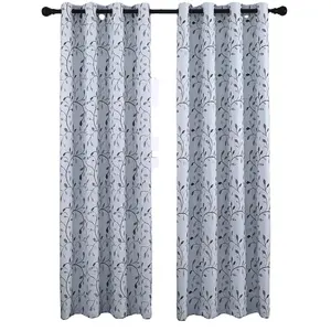 Floral Blackout Curtain with Leaf Embroidery Grommet Top Thermal Insulated Room Darkening embroidery window curtain