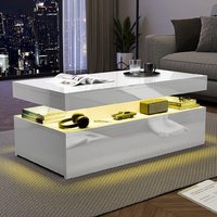 Table basse moderne en bois avec plateau brillant, 2 tiroirs, éclairage LED RGB, design rectangulaire pour la maison, salon