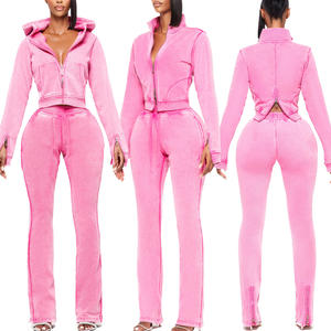 Set tuta da donna autunno inverno 2 pezzi felpa corta con cappuccio e Zip con <span class=keywords><strong>pantaloni</strong></span> a zampata top corti per ragazze alte - Product Image 2