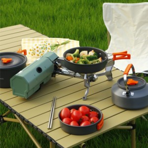 Draagbare aluminium camping kookset met inklapbare handgrepen voor wandelen, backpacken, buiten koken en gebruik met gasfornuis - Product Image 5