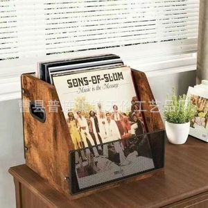 Cesta de almacenamiento de discos de vinilo con combinación de hierro y madera, organizador de discos de vinilo, CD y álbumes para escritorio - Product Image 2