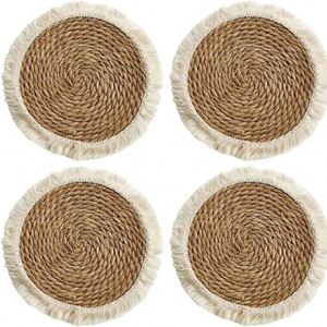 Alfombrilla Aislante de Arcilla Hecha a Mano Estilo Japonés, Elegante Tapete Antideslizante de Lino y Paja con Encaje para Bodas - Product Image 4