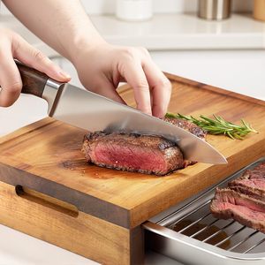 Tabla de cortar de madera de acacia con bandeja y soporte de acero inoxidable para preparación de carne, rectangular, multifuncional, para cocina. - Product Image 4