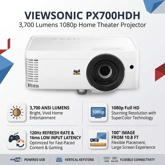 ViewSonic PX700HDH 3700 ANSI Lumens 1080p Home Theater Projector with Powered USB Mini Projectors for Home Cinema Proyector