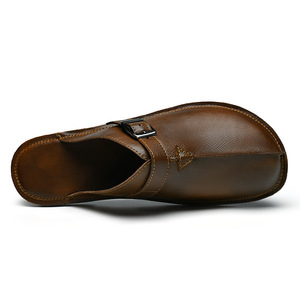 Black Genuine Leather Cross Strap <b>Slippers</b> With EVA Sole Anti-Slip Summer Indoor Men's Flip-Flops - Product Image 5