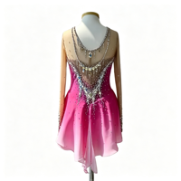Costume de patinage artistique rose dégradé, maille à manches longues, jupe à strass pour adultes et enfants, spectacle de danse sur glace