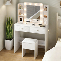 Ensemble de coiffeuse avec miroir LED, 2 tiroirs et étagères de rangement, table de maquillage avec tabouret pour chambre à coucher