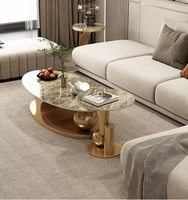 Table basse ovale en pierre frittée brillante de style italien avec base à double boule et ensemble de tables d'appoint - Luxe léger et minimaliste