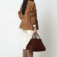 Veste utilitaire marron personnalisée Jancoco pour femme, col court, en daim de chèvre véritable, pour l'automne et l'hiver