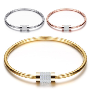 Pulsera de Cadena de Serpiente con Incrustaciones de Diamantes, Corte Brillante Redondo de 3 mm, Acero Dorado, Oro Rosa, Joyería para Uso Diario de Mujer - Product Image 1