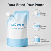 Pochette à bec verseur imprimée sur mesure pour emballage de liquide de soins bucco-dentaires, refermable, à fond à soufflets, autoportante