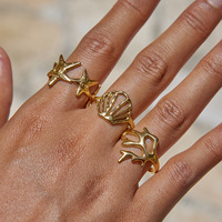 Cincin Terbuka Berlapis Emas untuk Wanita, Set Cincin Bintang Laut & Kerang, Desain Berongga, Perhiasan Pantai Musim Panas