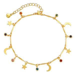 Bracelet de cheville en plaqué or 18 carats avec breloque soleil pour femme Bracelet de cheville en laiton avec chaîne de pied étoile et lune en or - Product Image 1