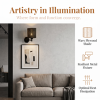 Applique murale moderne en bois, lampe décorative d'intérieur avec cadre métallique à motif ondulé pour chambre, salon, hôtel, couloir