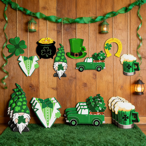 เครื่องประดับแขวนไม้ลายโคลเวอร์ 15 ชิ้น พร้อมลายตาราง จุด และคำมงคลนำโชค ด้วยเชือกปอกระเจาสำหรับตกแต่งผนังงานปาร์ตี้ - Product Image 2