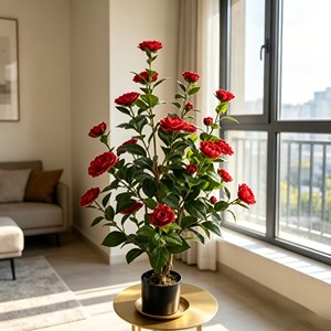 Camélia rouge élégant et délicat en pleine floraison avec des pétales volumineux superposés pour la décoration de banquets, les vitrines, les chambres et les jardins. - Product Image 3