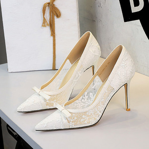 Zapatos de tacón de aguja con punta para mujer, de verano, con encaje floral, boca poco profunda, malla hueca, tacones altos, para fiesta - Product Image 5