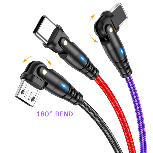 1M/2M/3M Nylon Jacket USB Cable 180 Degree Bend 3A Fast Charge for Android and iOS Phone for Mobile Gaming