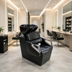 Sillón de Lavado de Cabello con Lavabo de Cerámica Negra, Unidad de Lavado para Salón, Estructura de Metal y Cuero PU, Muebles para Barbería, Color Personalizado - Product Image 3