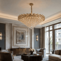 Lustre ovale de luxe 1000*300 avec feuilles en cristal, accents en verre champagne, prismes en cascade, ampoules incandescentes, garantie de 2 ans