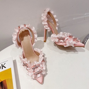 Women Shiny Diamonds Bow Flouncy Sandals High Heels Back Strap <b>Shoes</b> on Slingback Pointy Closed Toe Wedding Dress Pumps - Product Image 4