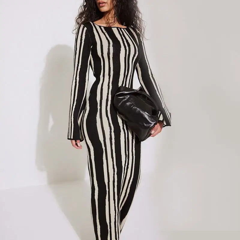 2023 Autumn Custom Party Evening Dress Round Neck Leopard Jacquard Flared Long Sleeve Knit Maxi Women Sweater Dress