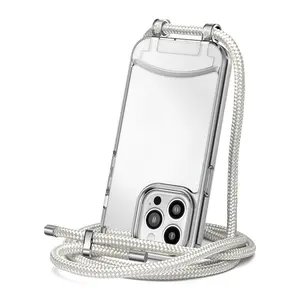 New Arrival Electroplated Make Up Mirror Detachable Crossbody Strap Necklace Mobile Phone Case For IPhone 14 13 15 Pro Max