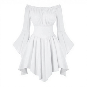 Vestido Mini con Hombros Descubiertos y Mangas Campana, Estilo Asimétrico, Cintura Elástica, Estilo Dulce, Casual de Verano, Blanco, Poliéster - Product Image 2