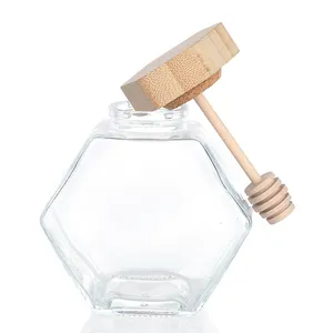 In bulk empty hexagon bee shaped honey jar with dipper wood lid packaging box 100ml 200ml 500g