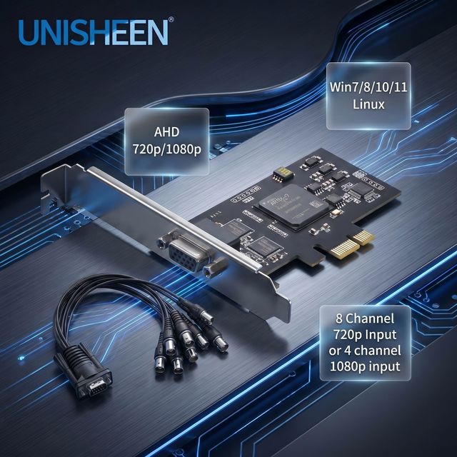 Unisheen Professional Grade Selectable 4-CH 1080P or 8-CH 720P PCIe AHD Video Capture Card for Multi-Camera Server Monitoring