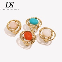 Bague ouverte Dreamshow en agate colorée ovale avec cadre en fil superposé, acier inoxydable 316L, plaqué or 18 carats, design vintage