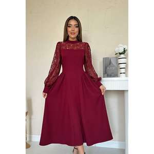 ชุดราตรีผ้าซาตินทรงเอไลน์สีเบอร์กันดี แขนลูกไม้ เปิดหลัง เอวธรรมชาติ แต่งผ้าซีทรู - Product Image 3