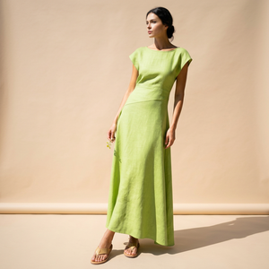 Robe midi vintage coupe trapèze 100 % coton à col en V et manches cloche, taille haute, avec poches à nœud et fermeture éclair latérale, faite à la main, respirante – Meilleure vente - Product Image 3