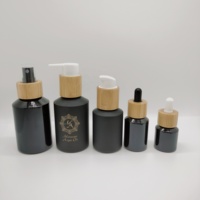 Kemasan Botol Kaca Kosmetik 15g-200ml Botol Lotion Kaca Hitam Model Slant Shoulder, Botol Minyak, dan Stoples Krim dengan Tutup Bambu