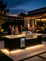 Îlot de cuisine extérieur moderne en acier inoxydable noir avec pergola, barbecue au gaz naturel à allumage électronique intégré