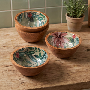 Bol de service alimentaire en bois d'acacia poli, fait main, écologique, style vintage, avec motif émaillé personnalisé en forme de feuille d'arbre, idéal pour les fêtes - Product Image 1