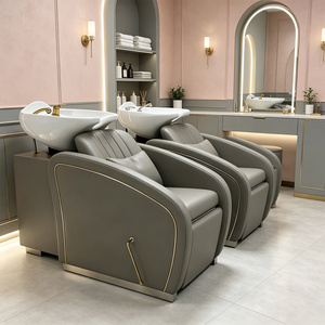 Fauteuil de massage capillaire de luxe moderne marron pour salon, avec vapeur, en cuir PU et structure en acier inoxydable, lit de lavage des cheveux - Product Image 1