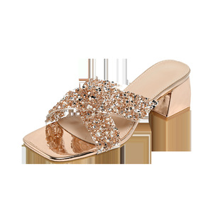 Elegant Black Rhinestone Heeled Sandals Square Toe Mid <b>Block</b> Heel Slip-On Summer Women Shoes Patent Leather PU Lining - Product Image 3