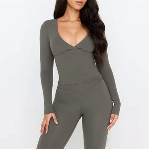 Top con scollo a V aderente aderente da donna OEM camicia semplice abbigliamento sportivo ad asciugatura rapida da donna a manica lunga da <span class=keywords><strong>palestra</strong></span> Top - Product Image 2