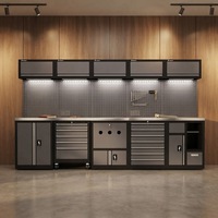 Ensemble de rangement personnalisable 10 pièces pour garage avec îlot de travail autoportant, doubles armoires et panneau perforé LED